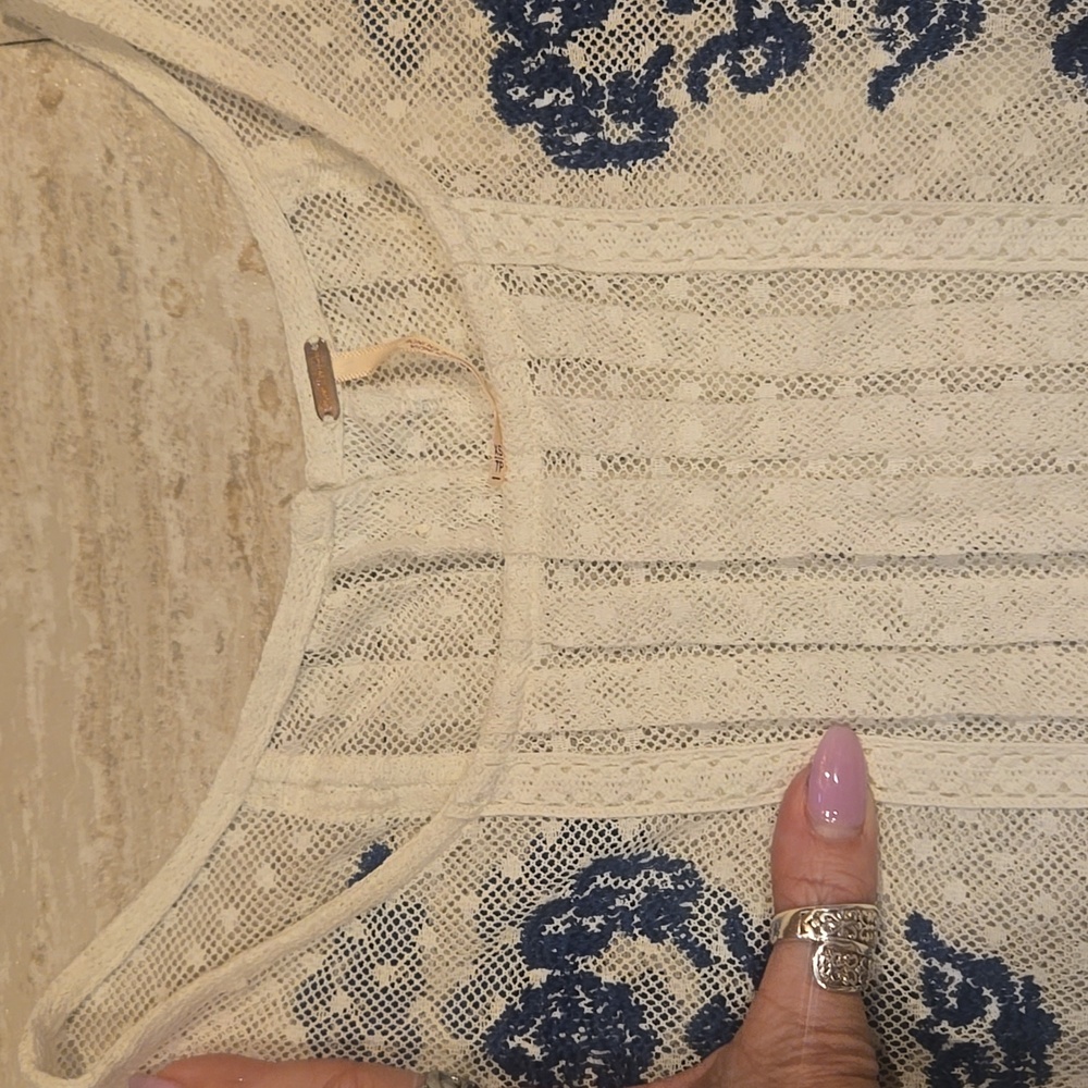 Free People Creamy White Lacey Sheer Tunic Top With Blue Embroidered Accents - Picture 6 of 13